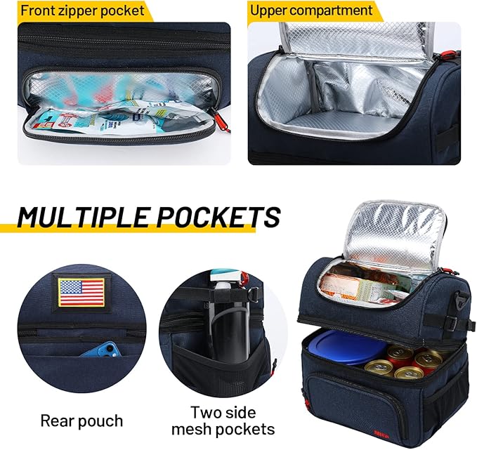 MIER Dual Compartment Lunch Bag Tote with Shoulder Strap for Men and Women Insulated Leakproof Cooler Bag, Dark Blue