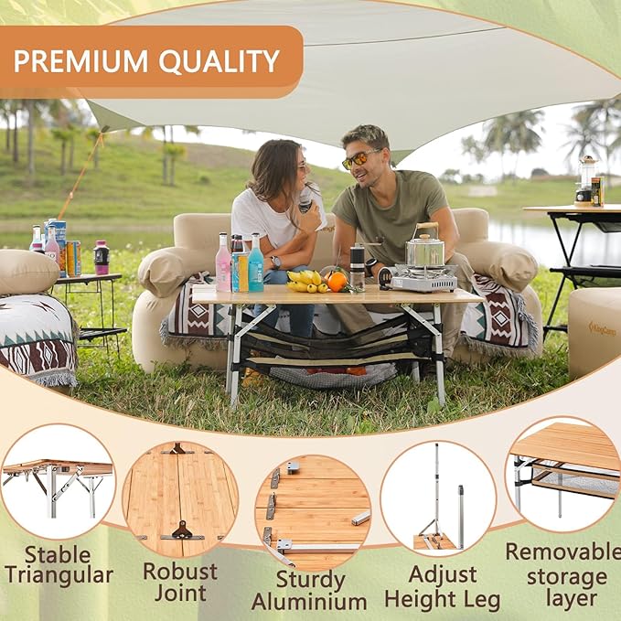KingCamp Lightweight Stable Bamboo Folding Camping Table Bamboo Outdoor Folding Tables Adjustable Height Portable Picnic