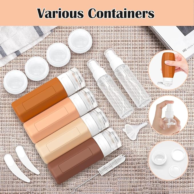 Redfly 17PCS Travel Bottles for Toiletries, TSA Approved Travel Size Containers, Leak Proof Travel Containers for Toiletries, Silicone Travel Kit for Shampoo, Conditioner, Lotion & Creams Apricot