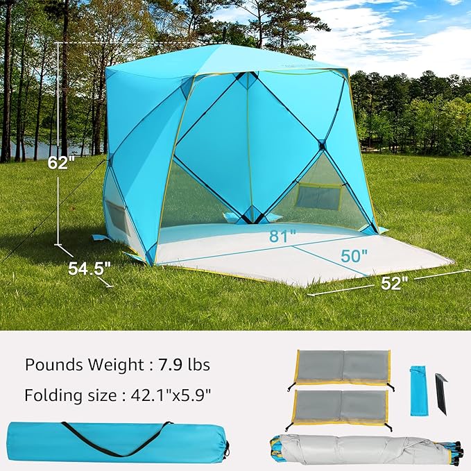 Pop Up Beach Tent, Portable Shade Sun Shelter UPF50+ UV Protection for 4 Person Extendable Floor for Fishing Hiking Camping, Waterproof Windproof(Blue)
