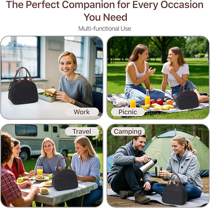 Bagseri Insulated Lunch Bag Women - Lunchboxes for Men Women Adult Reusable Leakproof Thermal Cooler Sack Food Handbags Case High Capacity for Work and Picnic (Black)