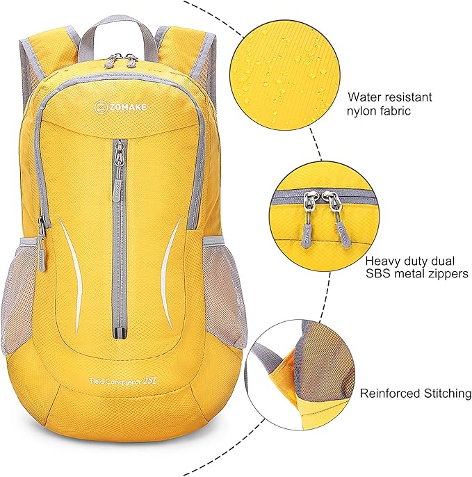 ZOMAKE Ultra Lightweight Packable Backpack 25L, Foldable Hiking Backpacks Water Resistant Small Folding Daypack for Travel(Yellow)
