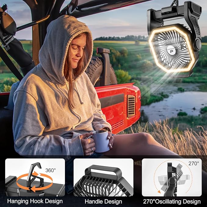 Odoland Camping Fan with LED Lantern, 20000mAh Rechargeable Battery Operated Fan, Portable Outdoor Light with Rotation Hook for Picnic Power Outage Hurricane Emergency Home Patio, Black