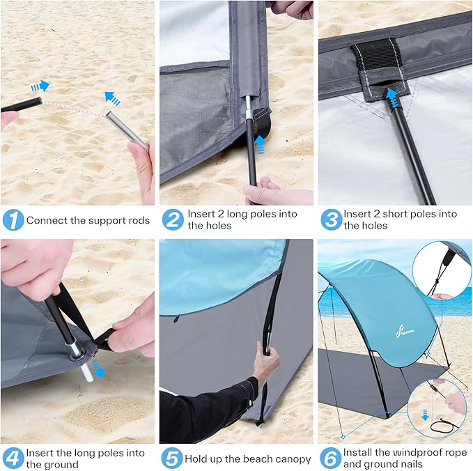 Sportneer Beach Tent Sun Shelter Beach Shade Canopy UPF 50+ UV Protection with 8 Wind Ropes and 12 Ground Stakes for Beach Camping Backyard Picnic Outdoor