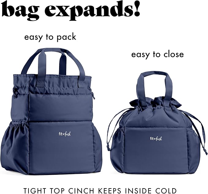 Fit & Fresh Lunch Bag For Women, Insulated Womens Lunch Bag For Work, Stain-Resistant Large Lunch Box For Women With Containers, Cinch Closure Cromwell Bag, Navy