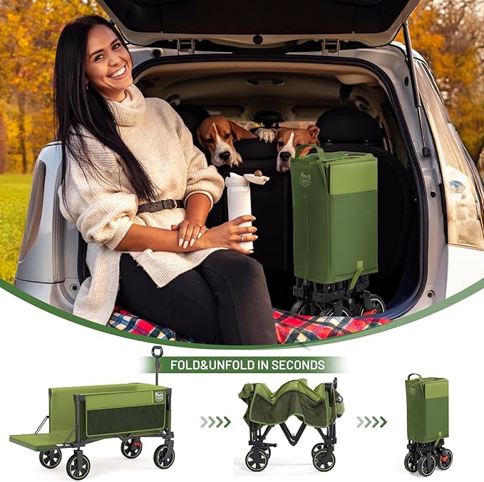 TIMBER RIDGE 49" Extra Long Collapsible Folding Wagon with Tailgate and Brakes, 300lbs Heavy Duty Foldable Wagon with Adjustable Handle, 250L Capacity Portable Cart for Outdoor Camping Sports, Green