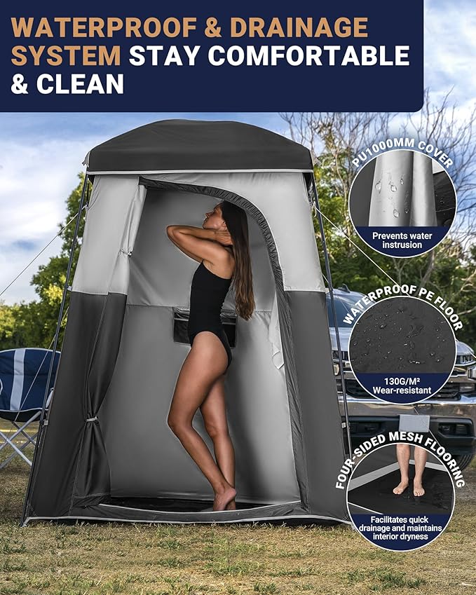 KingCamp Camping Shower Tent, Portable Outdoor Privacy Toilet & Changing Tent Windproof & Waterproof Easy Setup 1 or 2 Room Shelter with Shower Bag for Camping Hiking Beach