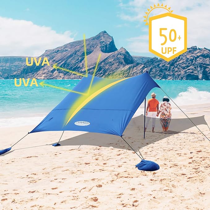 UMARDOO Family Beach Tent Canopy Sun Shade Portable 10×10FT,Wind Resistance Beach Sun Shelter Easy Setup with Packable Carry Bag for Outdoor Travel UPF 50+(Blue)