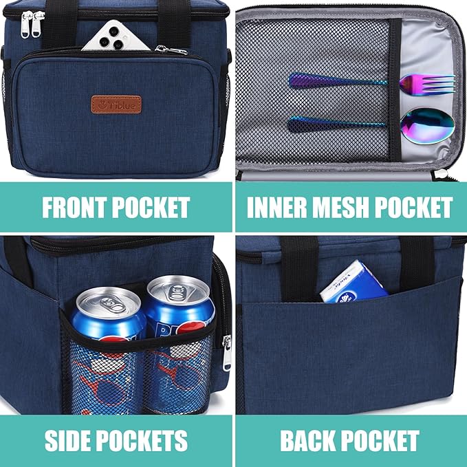 Tiblue Insulated Reusable Lunch Box for Office Work School Picnic Beach, Leakproof Freezable Cooler Bag with Adjustable Shoulder Strap (Medium, Dark Blue)
