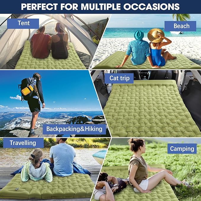 Double Sleeping Pad for Camping - 6" Ultra-Thick Camping Mattress with Pillow, Built-in Foot Pump, Compact 2-Person Portable Camping Mat for Backpacking, Hiking, Car Traveling, Beach, Tent