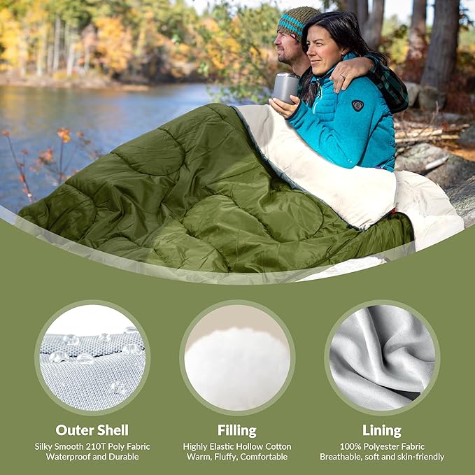 Double Sleeping Bag with 2 Pillows for Adults, Queen Size XL Sleeping Bag Waterproof, Compact with Compression Sack, 2 Person Sleeping Bags for 3-4 Seasons Camping, Backpacking, Hiking, Travel