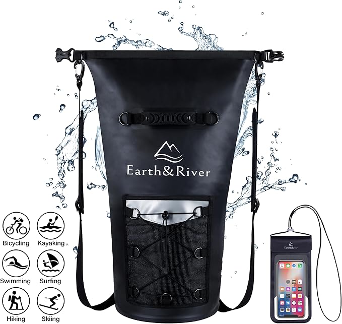EARTH&RIVER Premium Dry Bag Backpack, Extra Thick, Protection for All Water Activities & Camping, Floating Lightweight Dry Bag with Inside Pocket Storage & IPX8 Waterproof Phone Case (Black, 30L)
