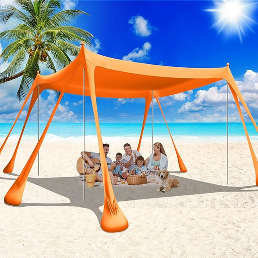 Large Beach Tent Canopy Pop Up Shade 10x10ft Sun Shelter Portable with UPF50+ UV Protection 8 Sandbags 4 Aluminum Poles 2 Sand Shovel Ground Pegs Carrying Bag for Outdoor Camping Fishing Yard Picnics