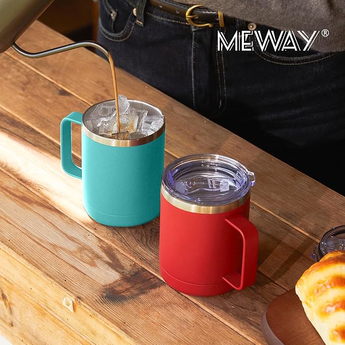 MEWAY 12oz Coffee Mug With Handle 8 Pack Bulk,Stainless Steel Insulated Travel Tumblers With Sliding Lid,Double Wall Vacuum Camping Cup for Hot & Cold Drinks Tea (Light Green,Set of 8)