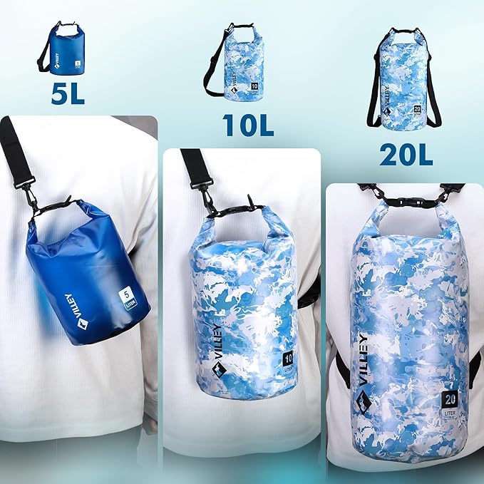 VILLEY Dry Bag Waterproof 5L Roll Top Sack Keeps Gear Dry Lightweight Dry Sack with Waterproof Phone Case for Kayaking Boating Camping Swimming and Beach Adventures Transparent Blue