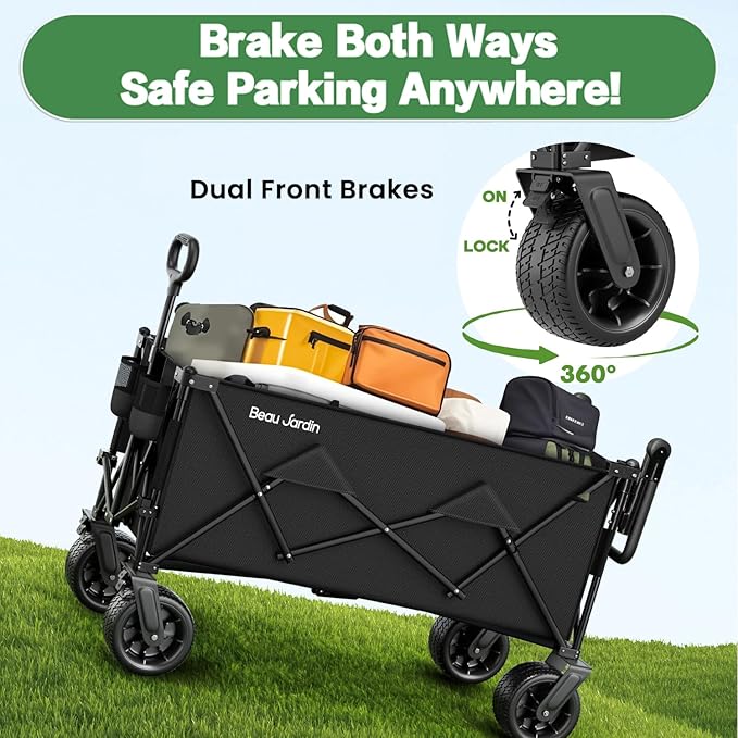 BEAU JARDIN Folding Push & Pull Beach Wagon 500 lbs Collapsible Foldable Wagons with Push Handle All Terrain Wheels Grocery Utility Camping Sports Garden Wagon Cart Black