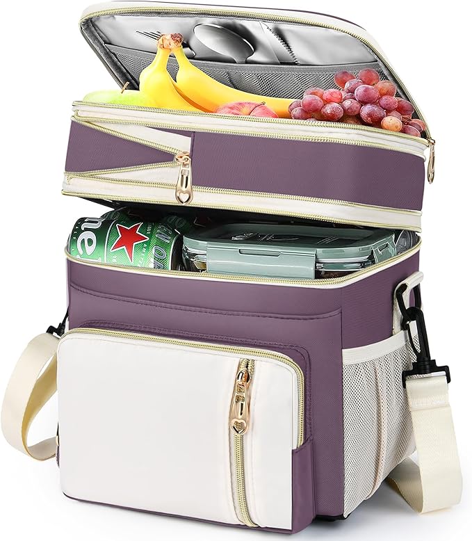 LOKASS Lunch Box for Women, 16L, Double Deck Expandable Insulated Lunch box For Adults/Women Thermal Large Waterproof Leakproof Cooler Bag with Shoulder Strap - Mauve