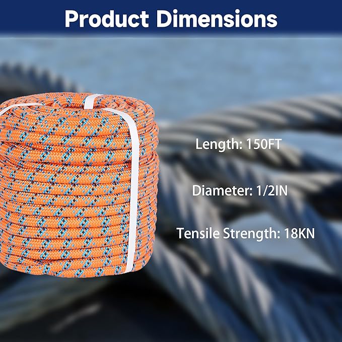 Arborist Tree Rope, 1/2inch by 150FT, 32 Strand Bull Rope up to 18KN Tensile Strength, Orange, Blue, Black