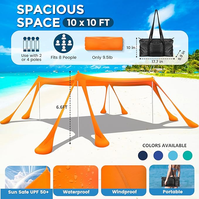 Beach Canopy Beach Tent Pop Up Shade 10x10ft Sun Shelter UPF50+ with 8 Sandbags-2 Sand Shovel-4 Aluminum Poles-Ground Pegs-Portable Carrying Bag for Outdoor Family Camping Fishing Yard Picnic
