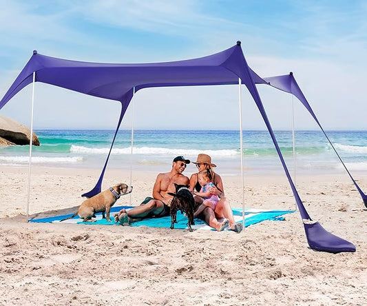 SUN NINJA Beach Tent Sun Shelter, UPF50+ Protection, Easy Pop Up Beach Shade Canopy for Camping, Fishing, Backyard Fun, Lightweight & Portable, Fits Up to 8 People, 10x10 FT 4 Pole, Navy
