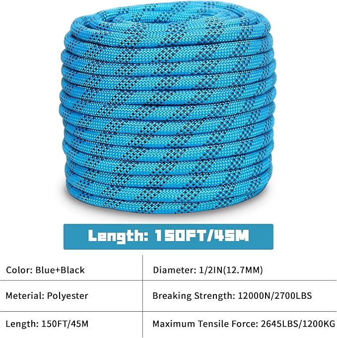 1/2 Inch 150ft Double Braided Polyester Arborist Rope, Heavy Duty Nylon Rope for Anchor, Tree Work, Cargo, Pulling, Sailing (Blue)