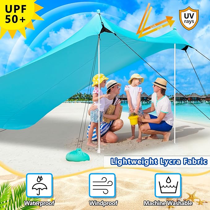 Camping Tent UPF50+ with 8 Sandbags, Beach Shade Canopy for 6-12 Persons, Pop Up Canopy for Camping, Picnics, 12X12FT Turquoise