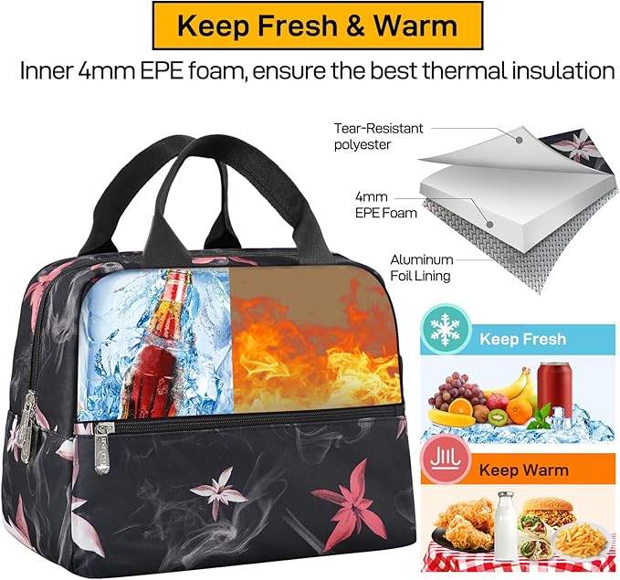 HOMESPON Insulated Lunch Bag for Women Men Lunch Box Cooler Lunch Tote for Work Picnic (Pink Flowers)