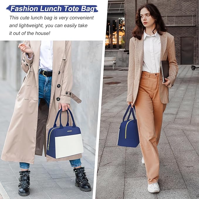 LOKASS Lunch Bag for Women-Insulated Adults Lunch Box with Front Pocket- Small Cute Lunch Tote for Work-Reusable Cooler Bag for Office Picnic Beach or Travel（Dark Blue）