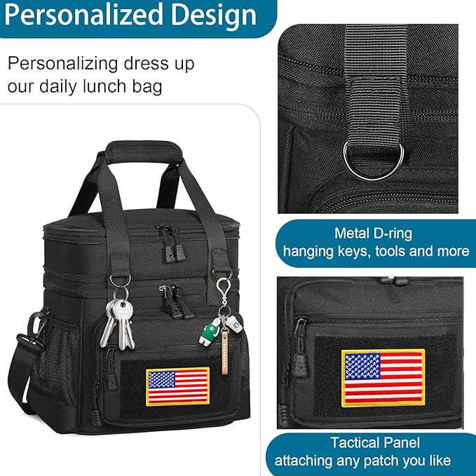 GLENKEY Double Deck Insulated Lunch Box, Expandable Large Lunch Bag Leakproof Cooler Bag Lunch Pail for Men Women Adults Work Shifts Travel Daytrip, Black