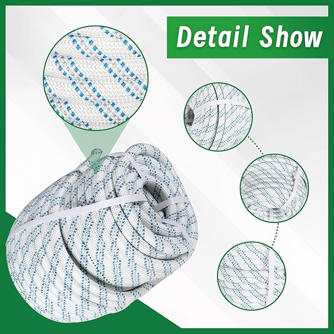 3/4 in 150 FT Braided Rope 16500 LBS Breaking Strength High Force Polyester Rope Suitable for Swing Camping Tree Work Arborist Rigging White Grey Blue