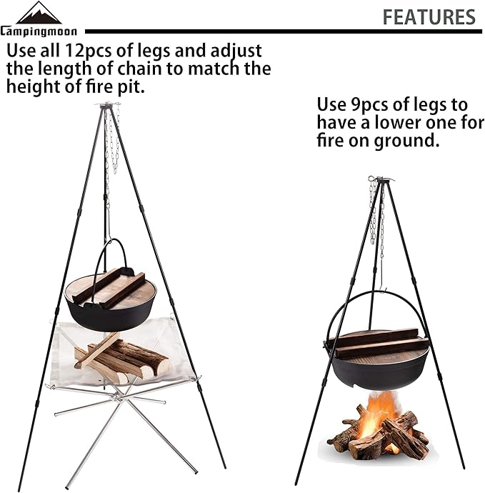 CAMPINGMOON Camping Campfire Tripod with Carrying Bag Portable Lightweight Aluminum 41.3-inch Height Stainless Steel Chain