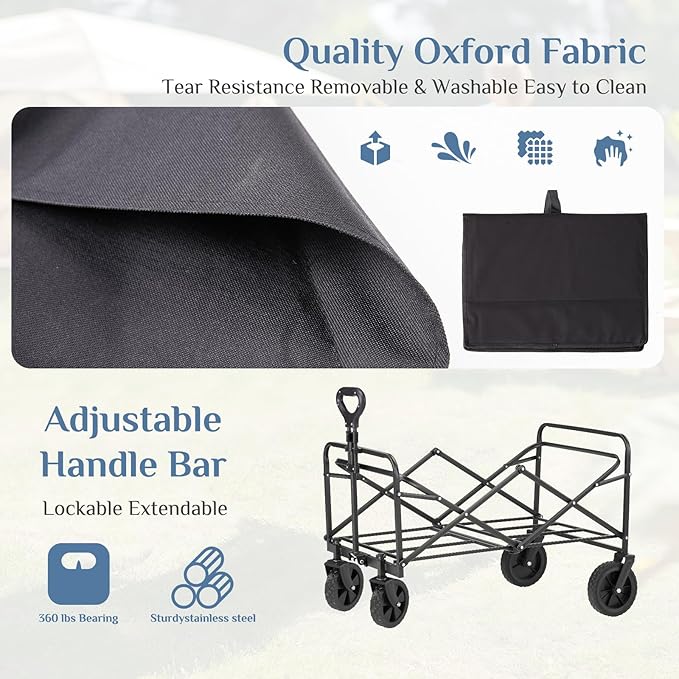 DUMOS Foldable Wagons Carts with All-Terrain Wheels, 120L & 360LBS Portable Garden Wagon Large Capacity Utility Cart with Drink Holders, Heavy Duty Collapsible for Sand, Beach, Gardening (30IN Black)