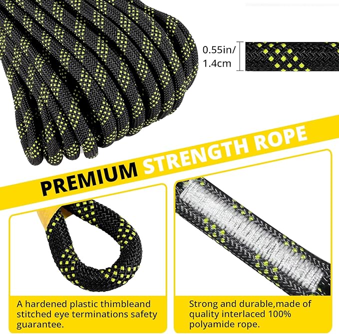 TRSMIMA Rope Harness Safety Lanyard：25ft Vertical Roofing Rope With Grab Snap Hooks Shock Absorber - Fall Protection Tree Climbing Line Kit Heavy Duty Roof Safety Equipment ANSI CE