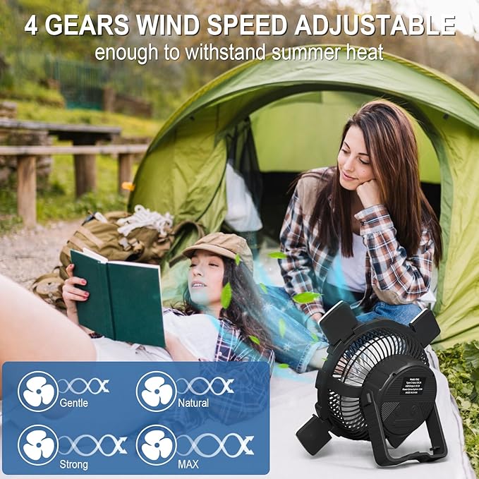 AGPTEK Portable Outdoor Fan - 8000mAh Rechargeable Battery with LED Light Lantern & Hook, Ideal for Picnics, BBQ, Fishing, Travel & Camping