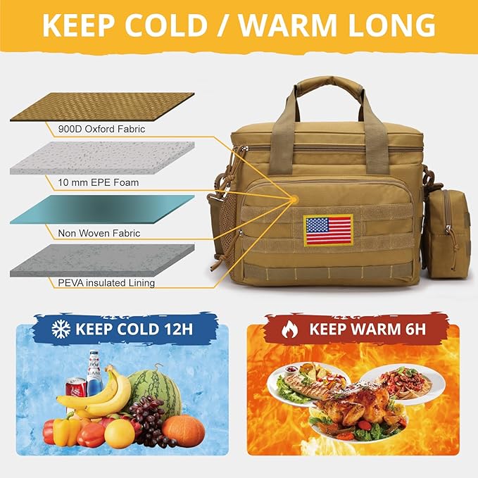 Tactical Lunch Box for Men, Insulated Lunch Bag MOLLE Webbing Leakproof, Cooler Large Lunchbox Women Adult with Adjustable Shoulder Strap Durable, Construction Heavy Duty Lunch Pail, Brown