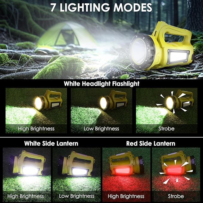 Rechargeable LED Flashlight, Camping Lantern Flashlight with 1000LM, 7 Modes, Power Bank, IPX4 Waterproof Camping Essentials Light for Hurricane Emergency Hiking Survival Kits - Yellow