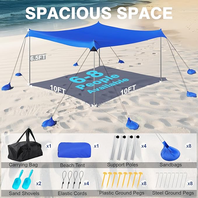 Rhino Valley Beach Tent Sun Shelter, 10x10FT Beach Canopy Tent Sun Shade UPF50+ Protection with 8 Sandbags 4 Stability Poles, Outdoor Beach Shade Canopy 6-8 People for Beach Camping Fishing