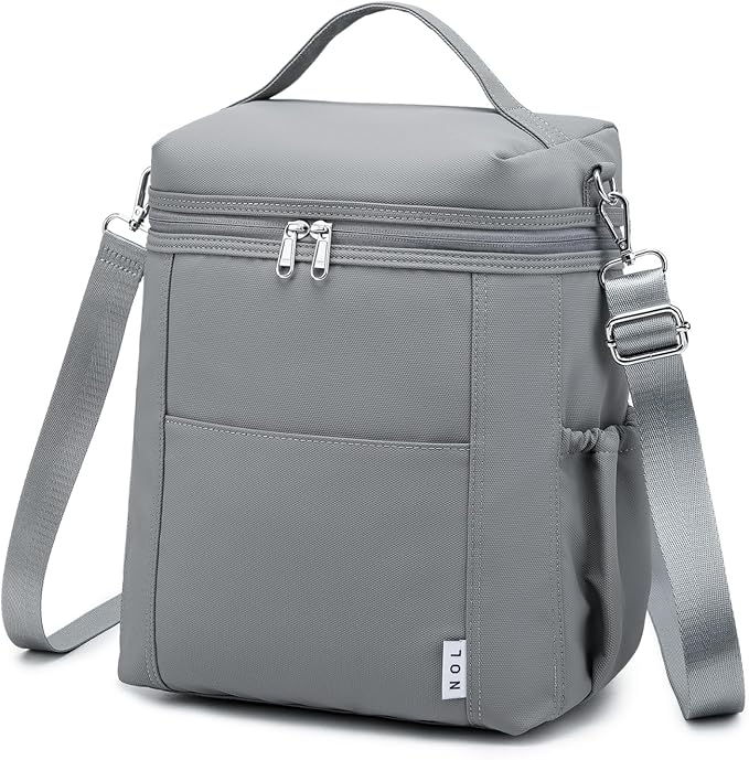 NOL Natural Organic Lifestyle Insulated Lunch Bags for Women Cooler Bag Lightweight Nylon Waterproof Lunch Box For Work (Gray, Large)