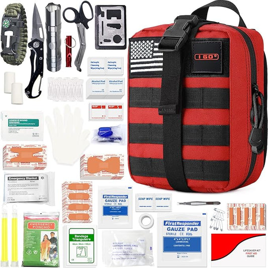 I GO Survival First Aid Kit, 251 Pieces Compact Tactical Trauma First Aid Bag, Molle Compatible Emergency Pouch for Outdoor Camping Hiking Backpacking and Travel