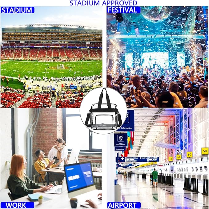 FlowFly Clear Bag for Stadium Events With Shoulder Strap for Women, Men, Large and Reusable Lunch Container, Work and Sporting Events, Travel 12x6x12 Clear Tote Bag, Clear#Black