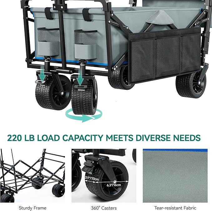 YITAHOME Large Collapsible Garden Cart w/Removable Canopy, Heavy Duty Outdoor Foldable Garden Cart w/Rear Storage and Flexible Swivel Wheels for Shopping, Picnic, Camping, Sports,Grey