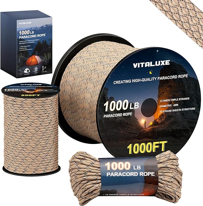 1000lb Paracord Rope, 4mm 12 Triple Strands Paracord, Heavy Duty Tactical Parachute Cord for Survival Gear, Camping, Hiking, and Ideal for Bracelets, Lanyards, Type III