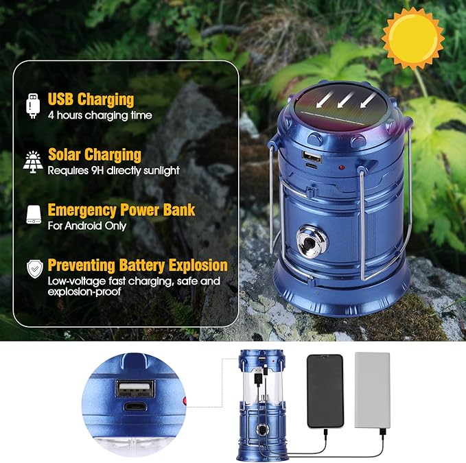 Solar Camping Lantern for Power Outages - USB Rechargeable Lamp Camping Essentials，Collapsible Portable Waterproof Solar Lights for Indoor Outdoor Emergency Light/Blue