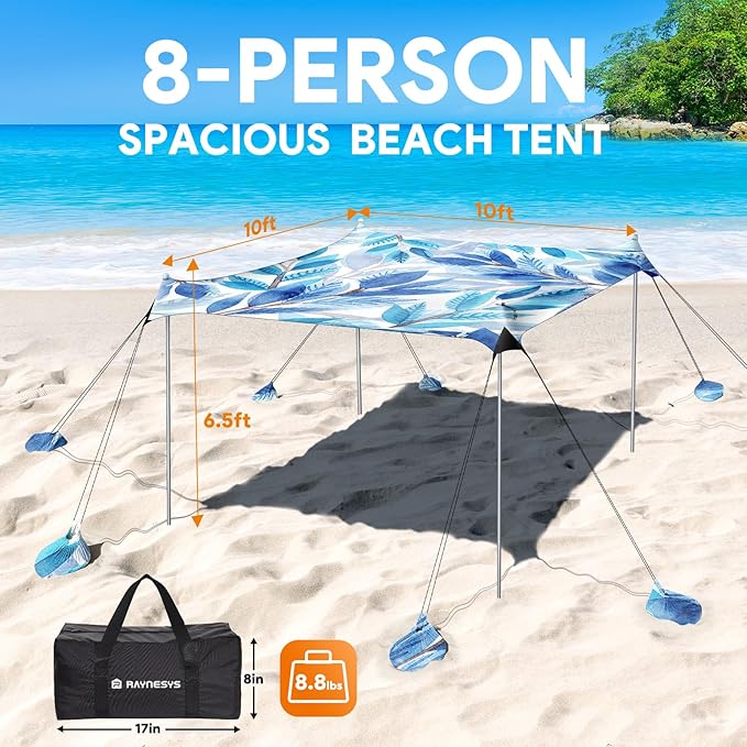 Beach Tent Sun Shelter, 10 x 10 FT Beach Canopy Tent Sun Shade, UPF50+ Beach Tent Canopy with 8 Sandbags & 4 Stability Poles, Outdoor Beach Tent for Beach Camping Fishing, Leaf