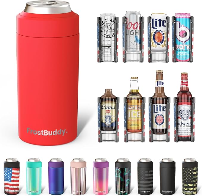 Frost Buddy Universal Buddy Can Cooler - Fits All - For Regular 12 & 16 oz or Slim-Size Bottles - Insulated Double-Walled Stainless Steel (Red)