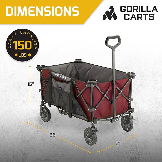 Gorilla Carts Foldable Wagon, Heavy Duty Collapsible Cart with Wheels, 7 Cu Ft, Red