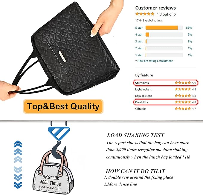 LOKASS Lunch Bag Women Insulated Lunch Box Thermal Lunch Tote Bags for Adults Work(Black-Embroidery)