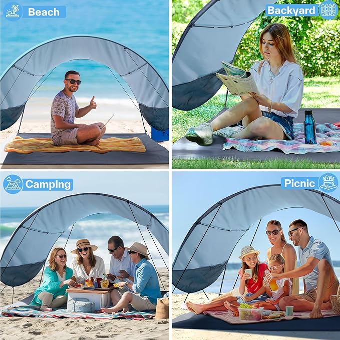 Sportneer Beach Tent Sun Shelter Beach Shade Canopy UPF 50+ UV Protection with 8 Wind Ropes and 12 Ground Stakes for Beach Camping Backyard Picnic Outdoor