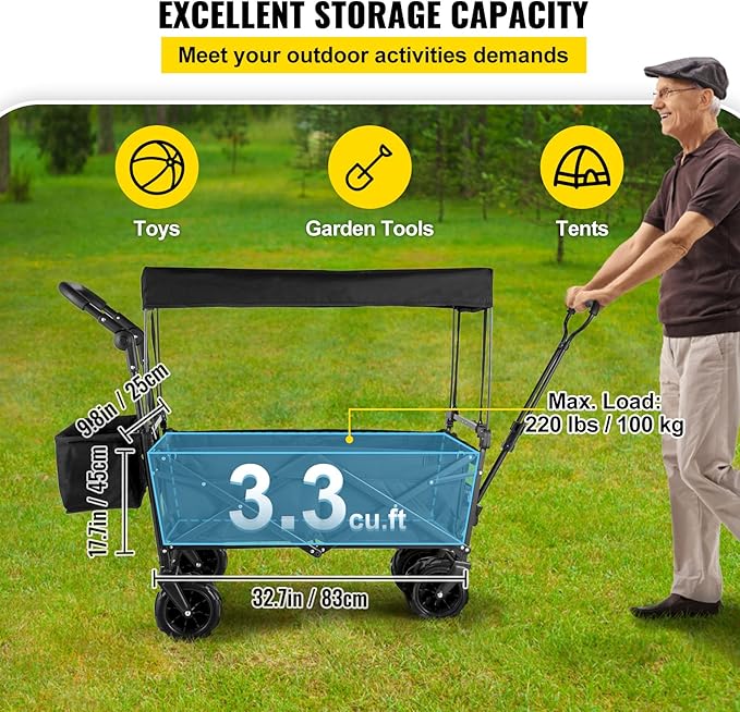 Happbuy Extra Large Collapsible Garden Cart with Removable Canopy, Folding Wagon Utility Carts with Wheels and Rear Storage, Wagon Cart for Garden, Camping, Grocery Cart, Shopping Cart, Black