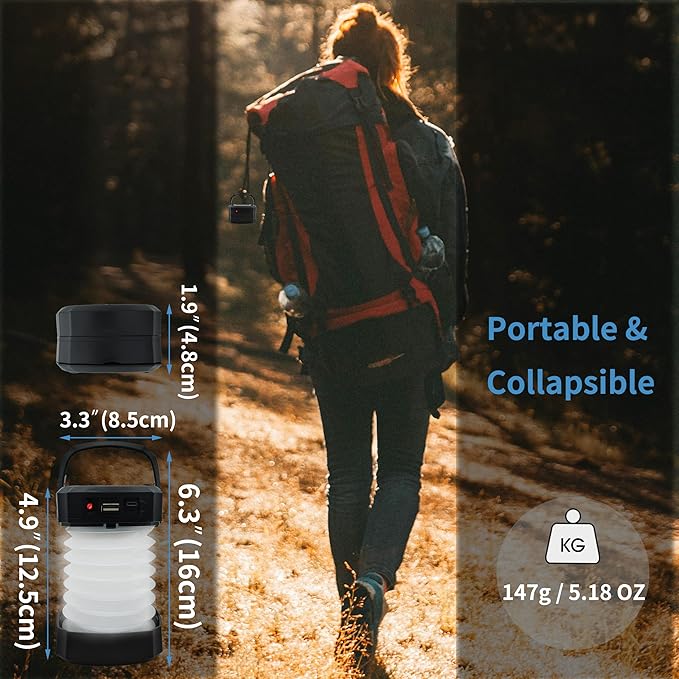 Solar Camping Lantern, Collapsible Rechargeable Camping LED Light,Portable USB Night Light for Power Outages,Emergencies,Hurricanes,Tent Lighting, Hiking,Backpacking Gear(Black)